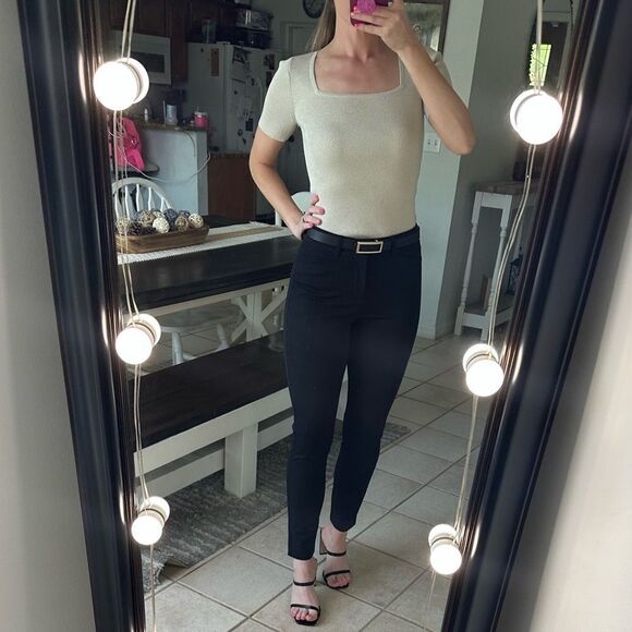 LOFT Beige & Gold Glitter Square Neck Knit Dressy Top - Picture 2 of 8